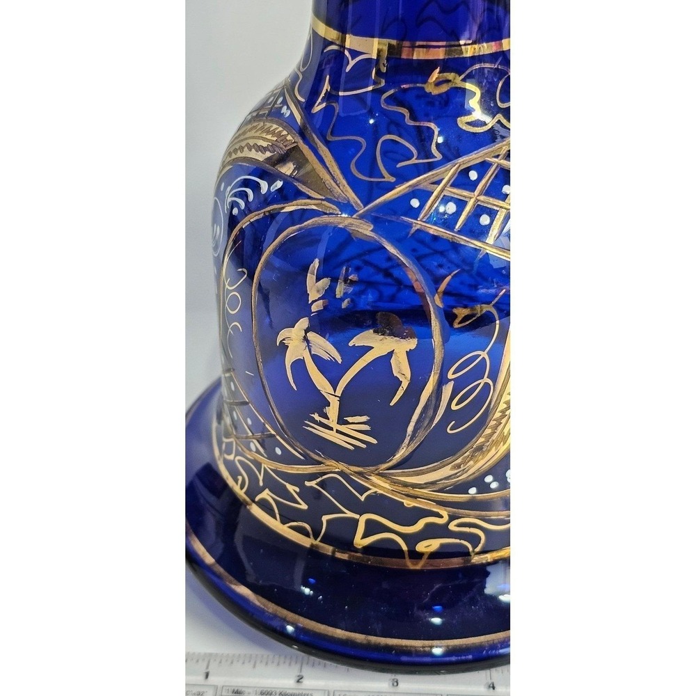 Vintage Cobalt Blue Glass Hookah Base Gold Palm Tree Hand Painted Vase 10" boho